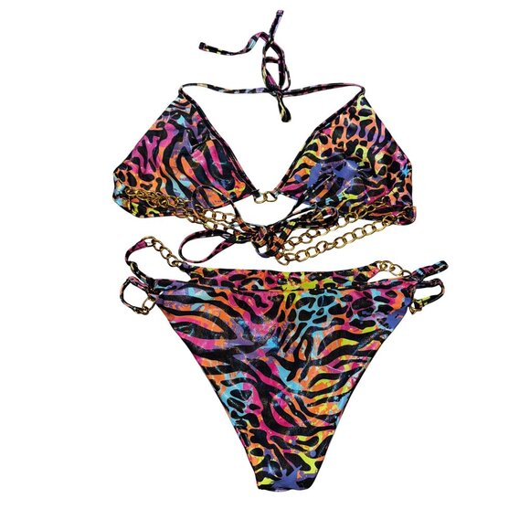 Animal Print Two Piece Bikini Gold Chains Halter Top Triangle Swimsuit Wild‎ XL - Picture 2 of 4